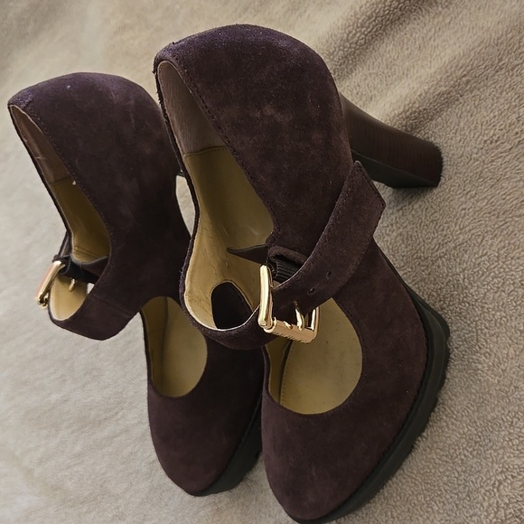 Michael Kors Brown Suede Leather Heeled Pumps with Chunky Platform Mary Jane - Picture 3 of 13